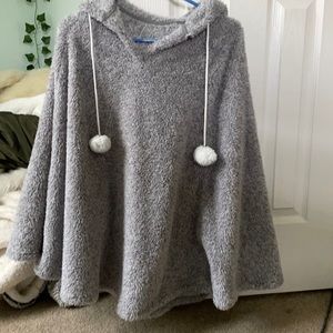 hooded Fluffy poncho with snow ball draw strings